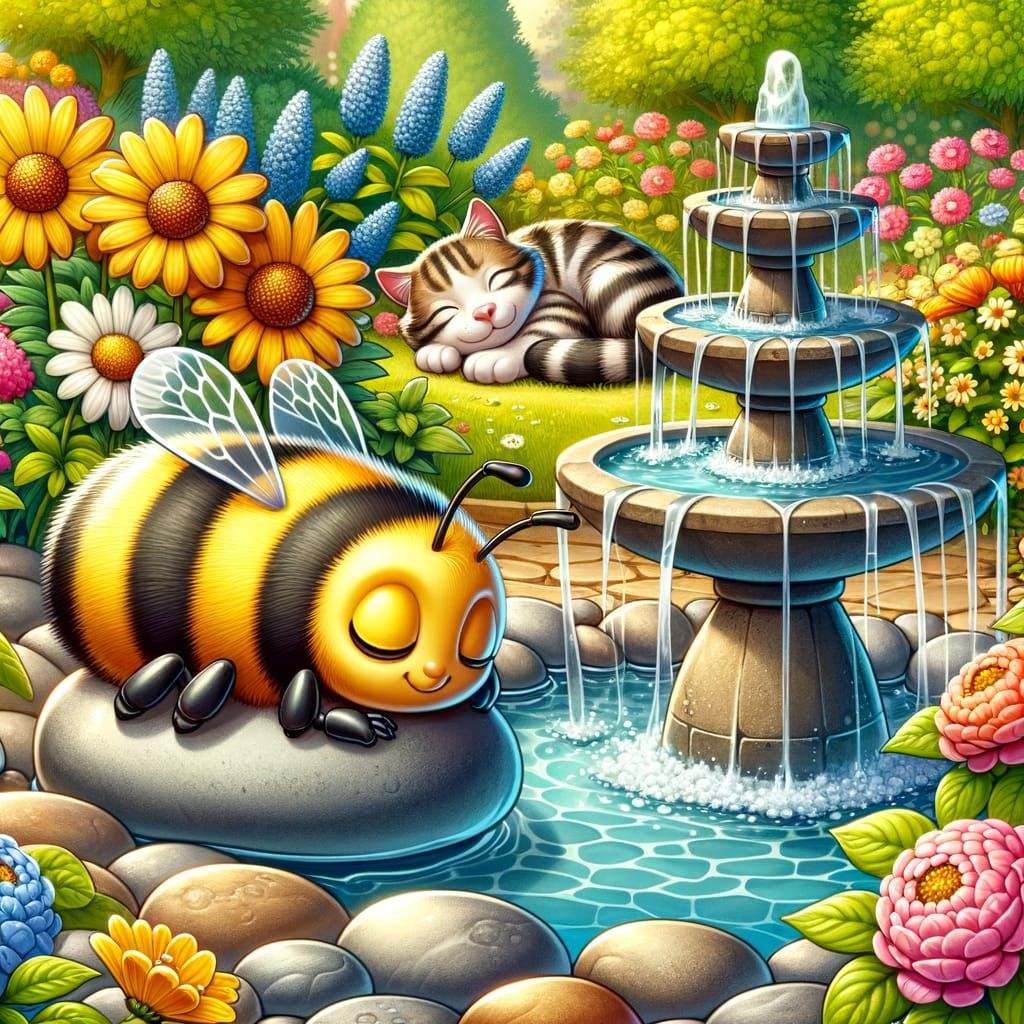 Cartoon Bumblebee Snoozing in a Tranquil Garden