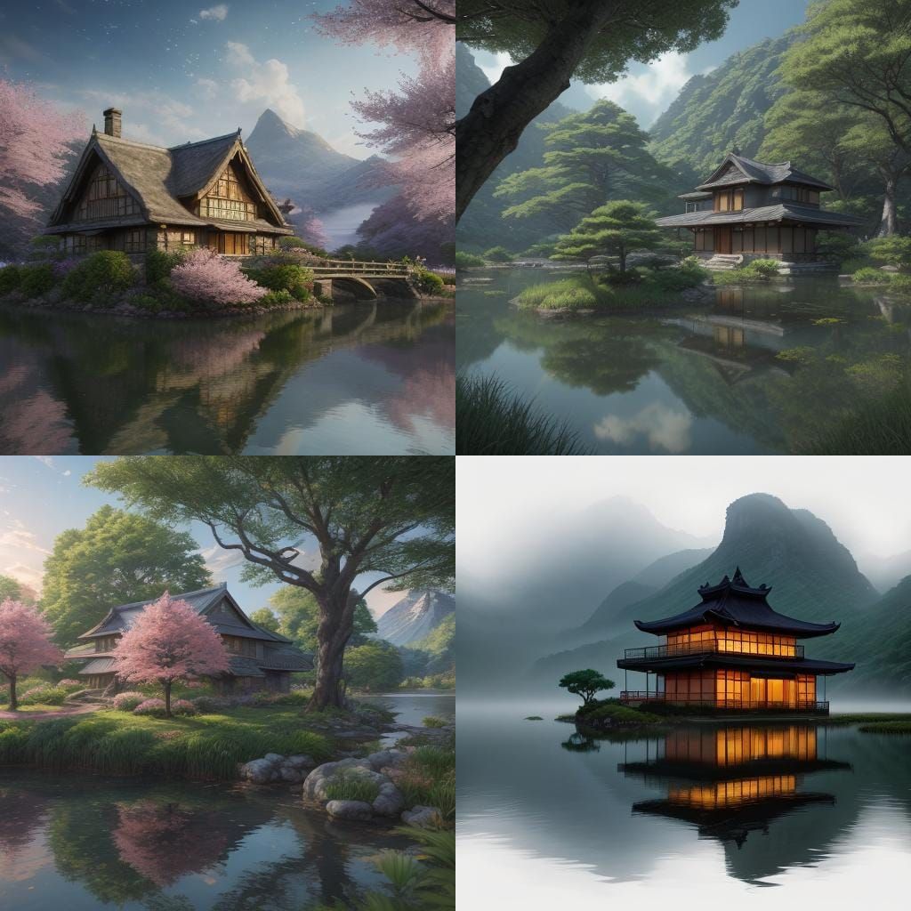 Breathtaking 3D Anime Lagoon Scene with Stone Cottage and Ma...