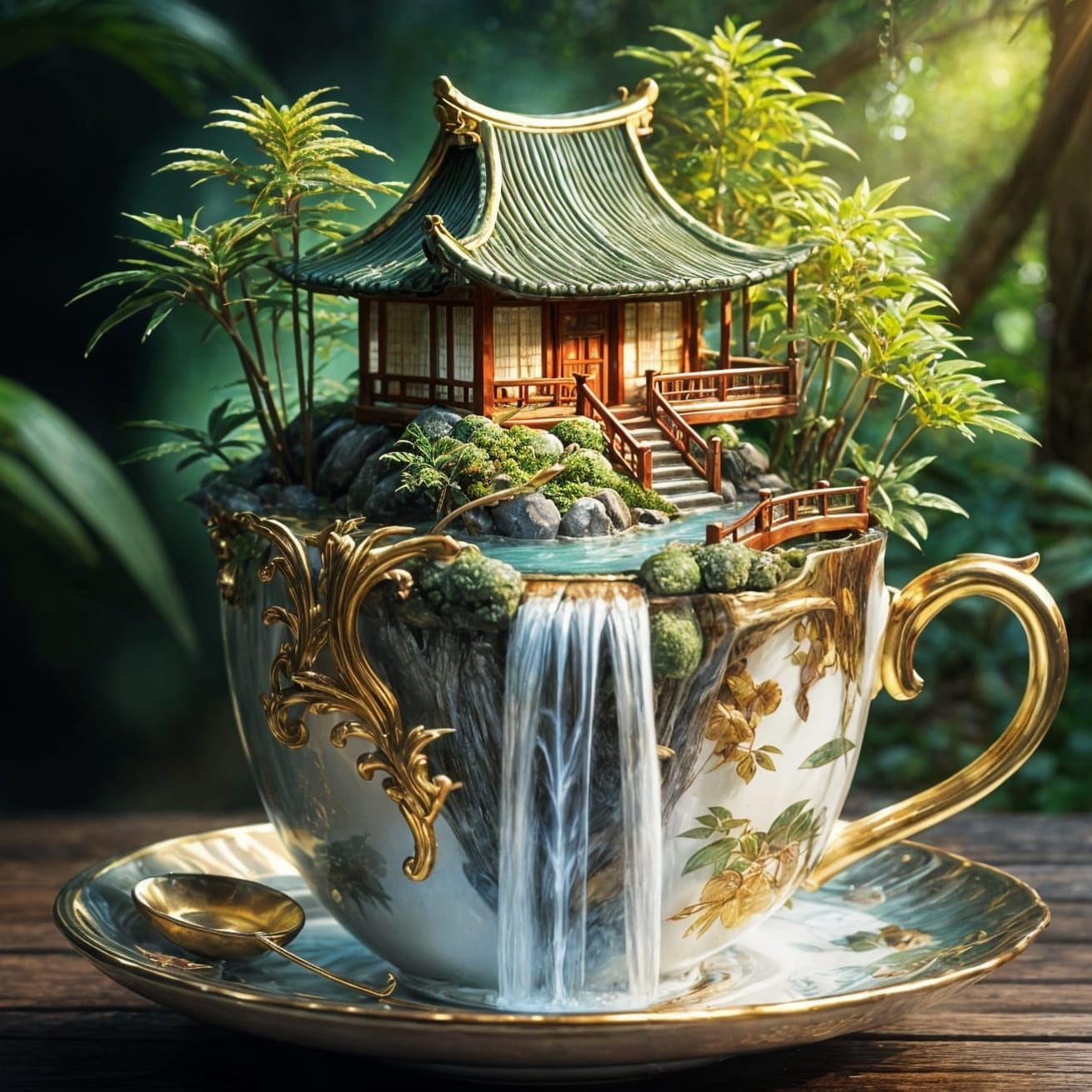 Teahouse Waterfall in Gilded Teacup