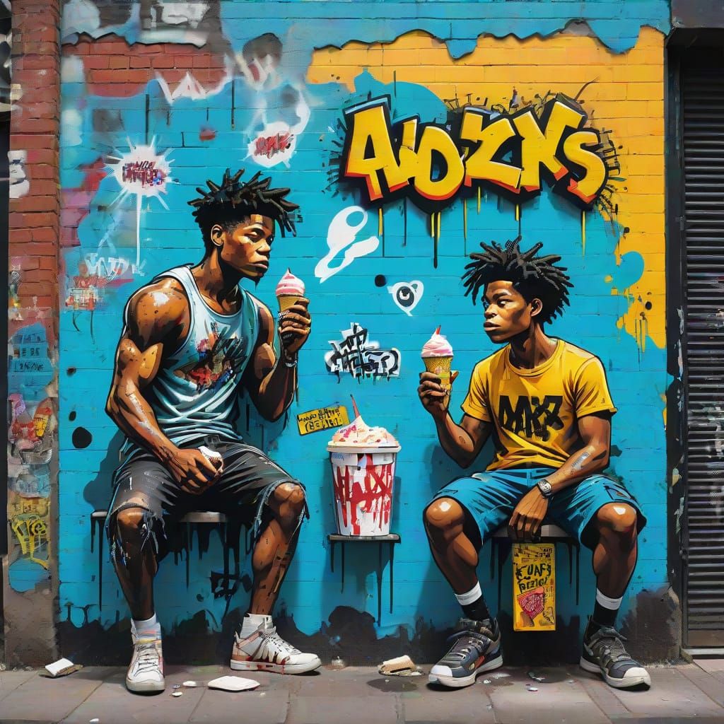 Heroic Gods Enjoy Ice Cream in a Vibrant City Alleyway
