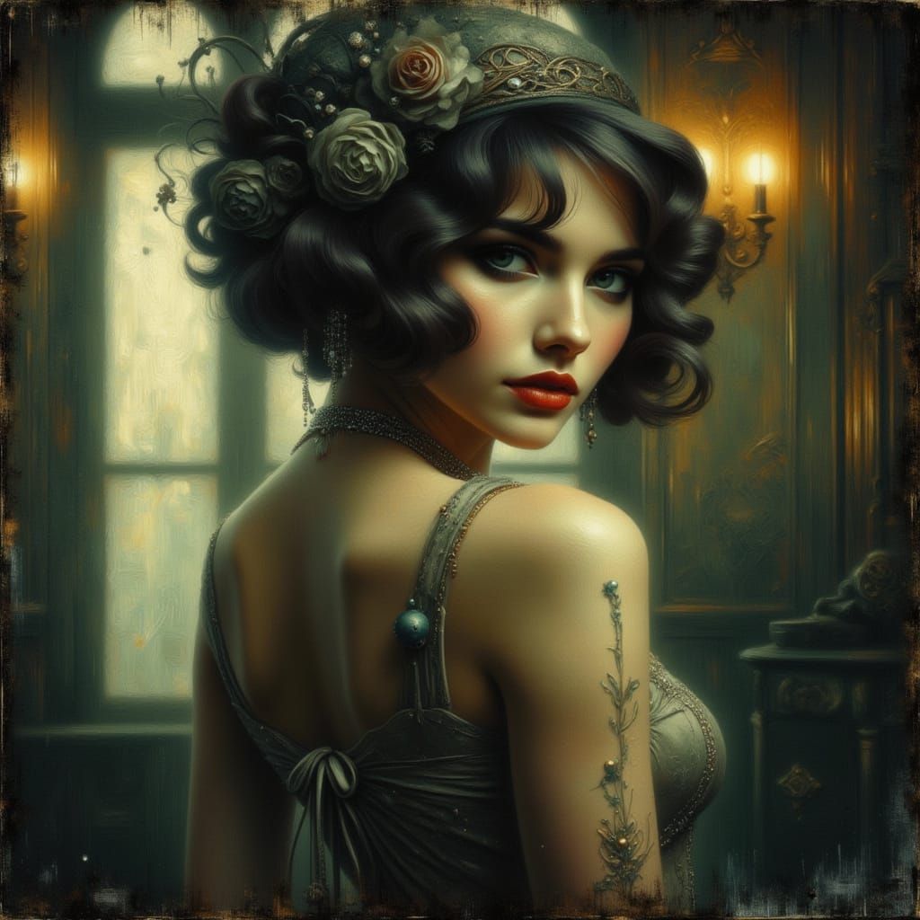 Ghost Girl in Opulent Art Deco Ballroom, Vintage Polaroid St...