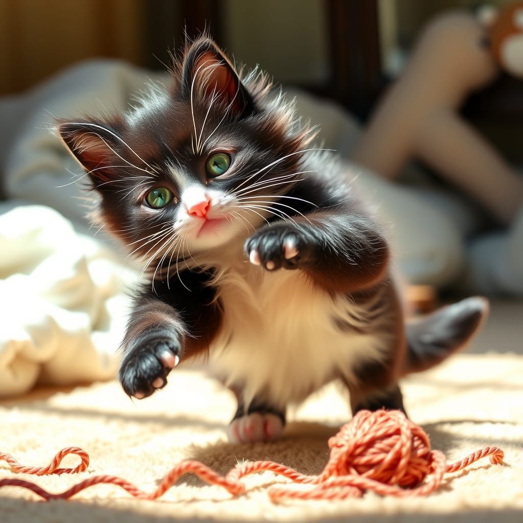 Joyful Tuxedo Kitten Chases Yarn in Sunlit Room