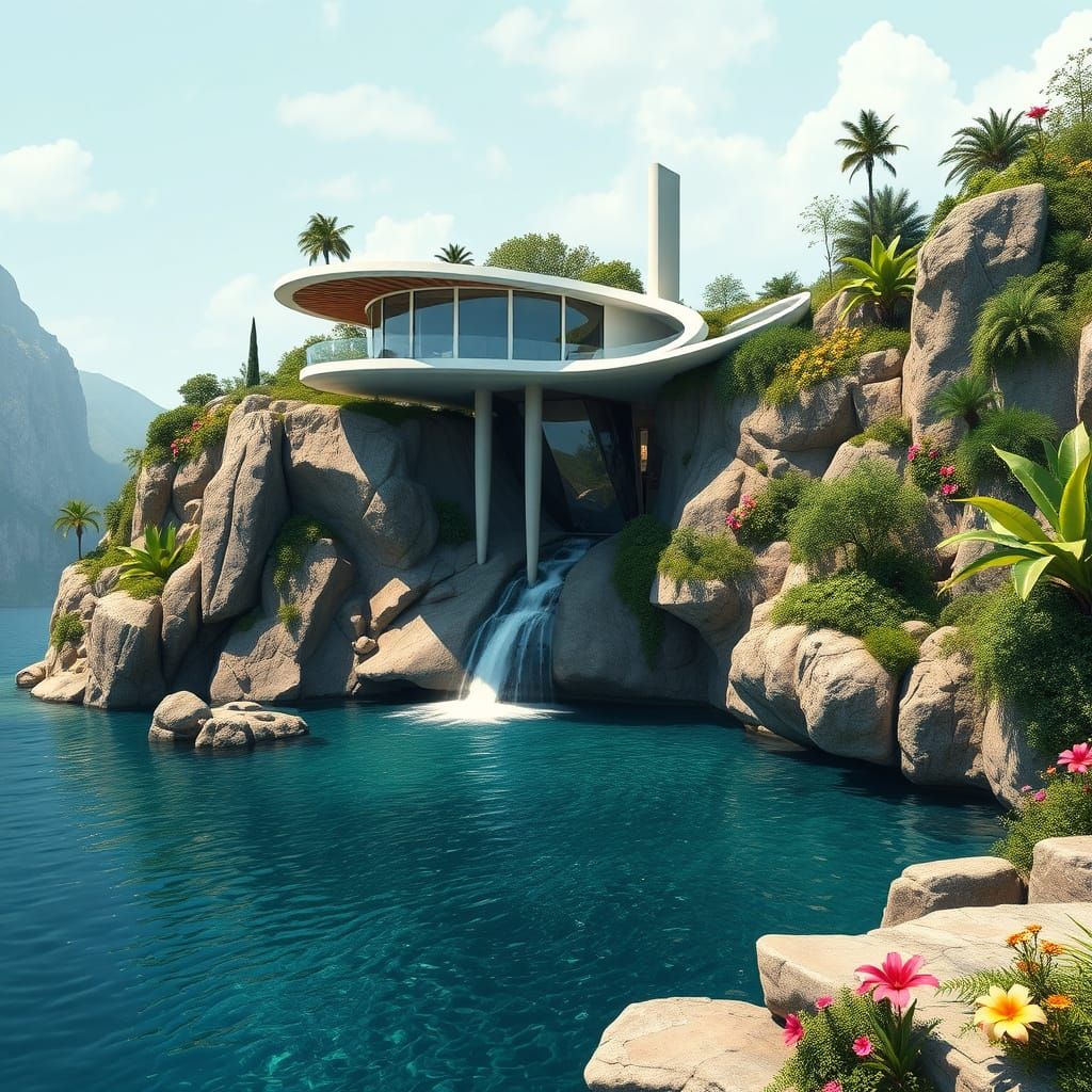 Surreal Futuristic Cliffside House with Gravity-Defying Exte...