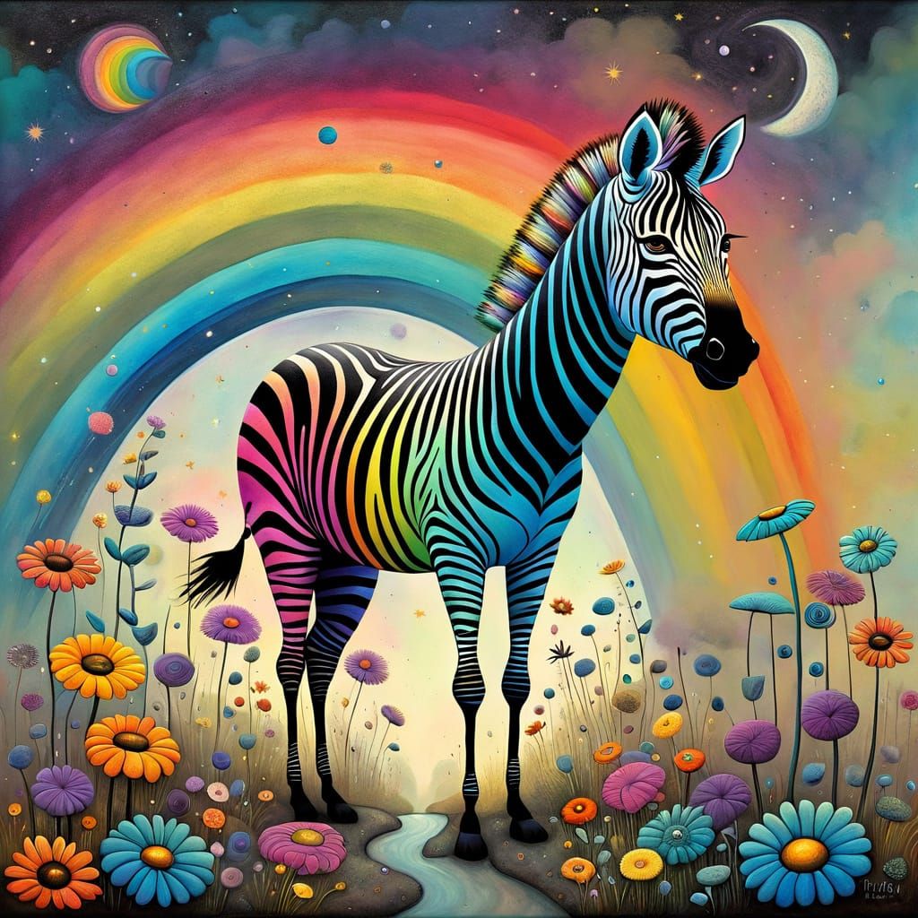 Cosmic Whimsy: Rainbow Zebra in Enchanted Garden