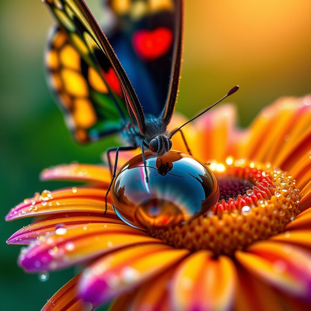Butterfly Gazing at Reflection in Dewdrop