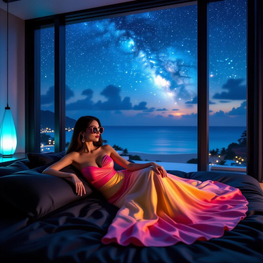 Woman in Gradient Dress Overlooking Night Galaxy