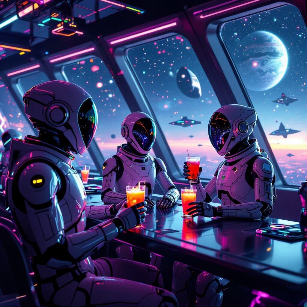 Zero-Gravity Nightclub Scene in Cyberpunk Style