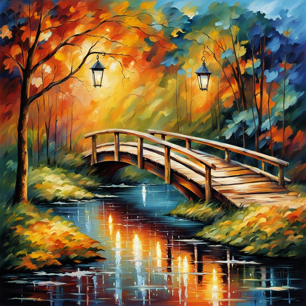 Vibrant Wooden Bridge in Whimsical Fantasy Setting