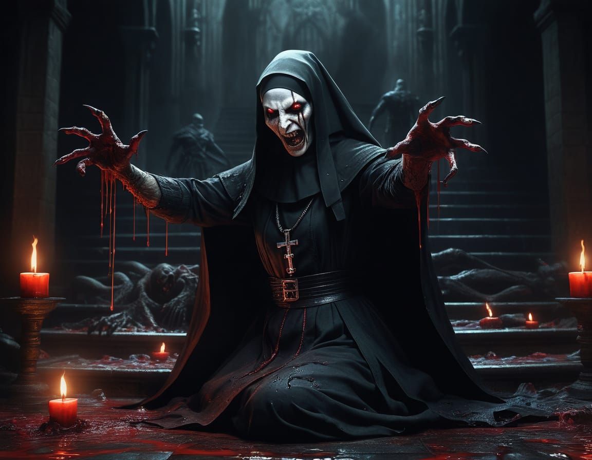 Nun Battles Demon in Gothic Splash Art