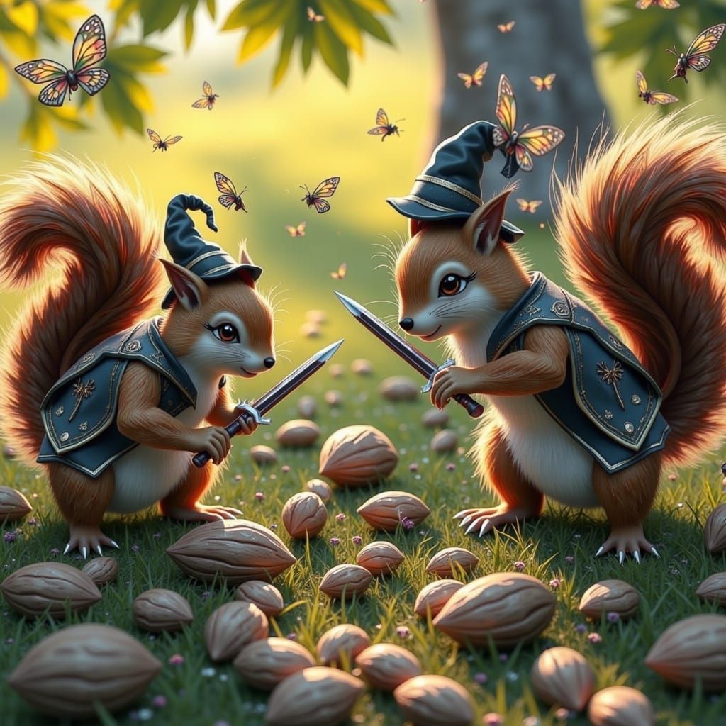 Squirrel War in Backyard, Fantastical Fae Illustration