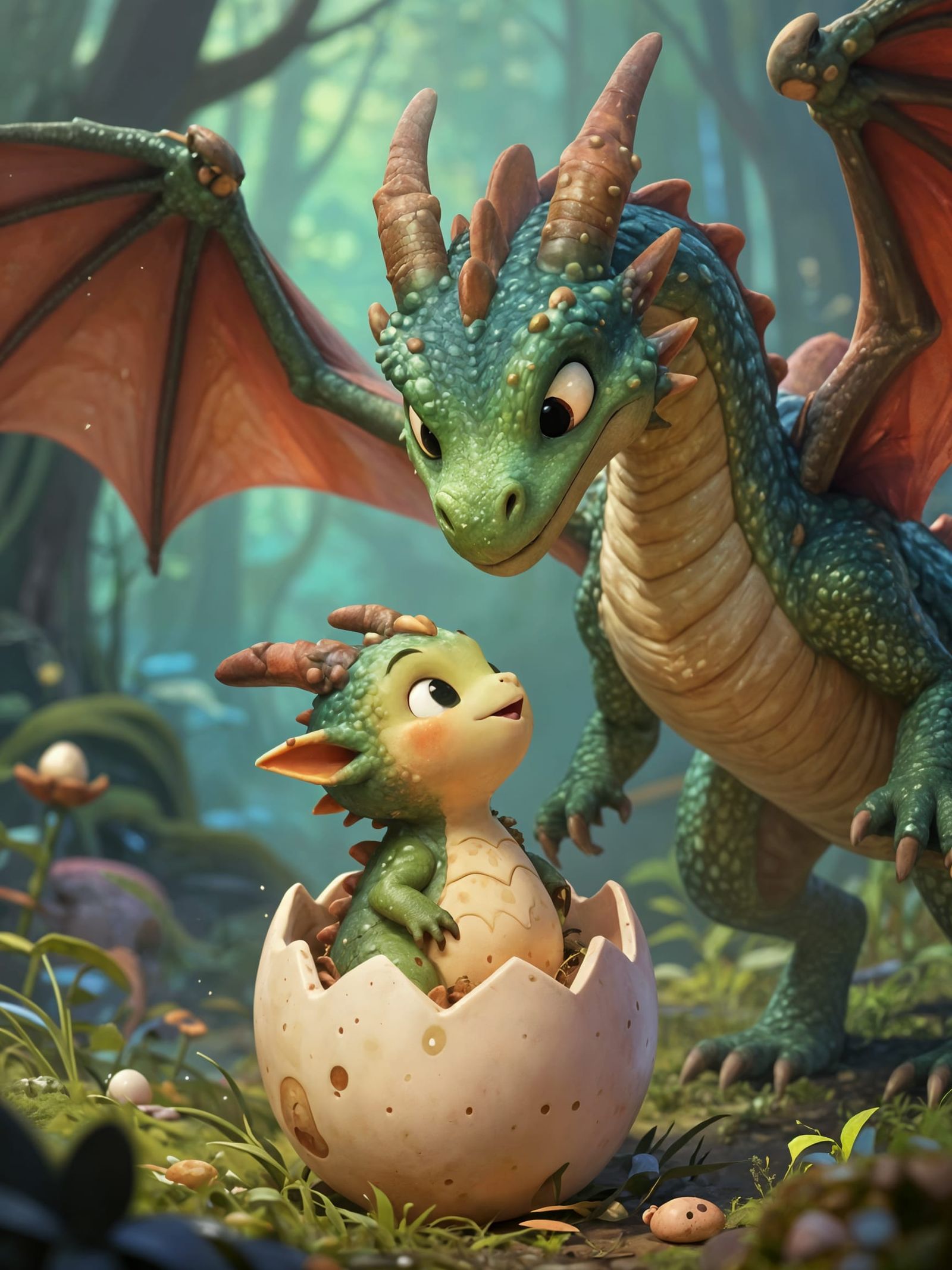 Cute Dragon Hatchling Meets Mother in Enchanted Forest