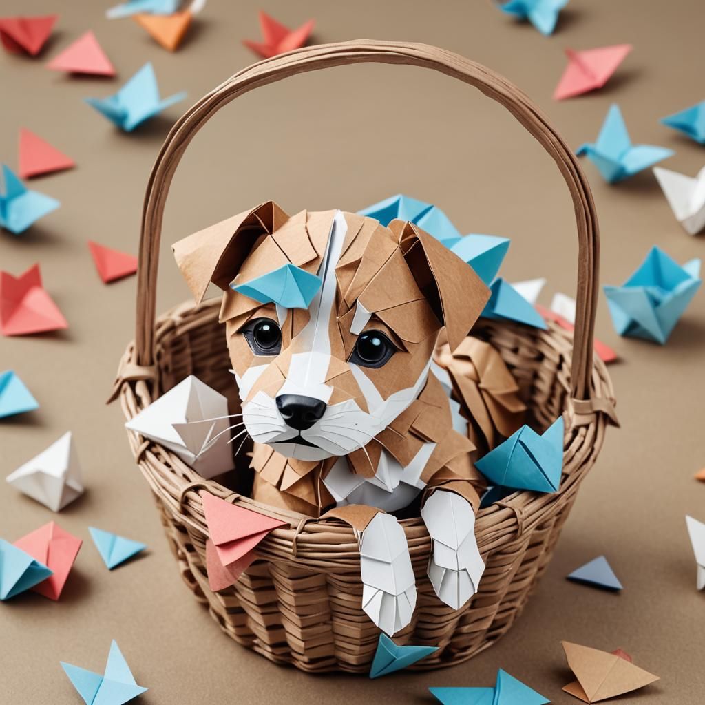 Origami Puppy in Basket Papercraft Design
