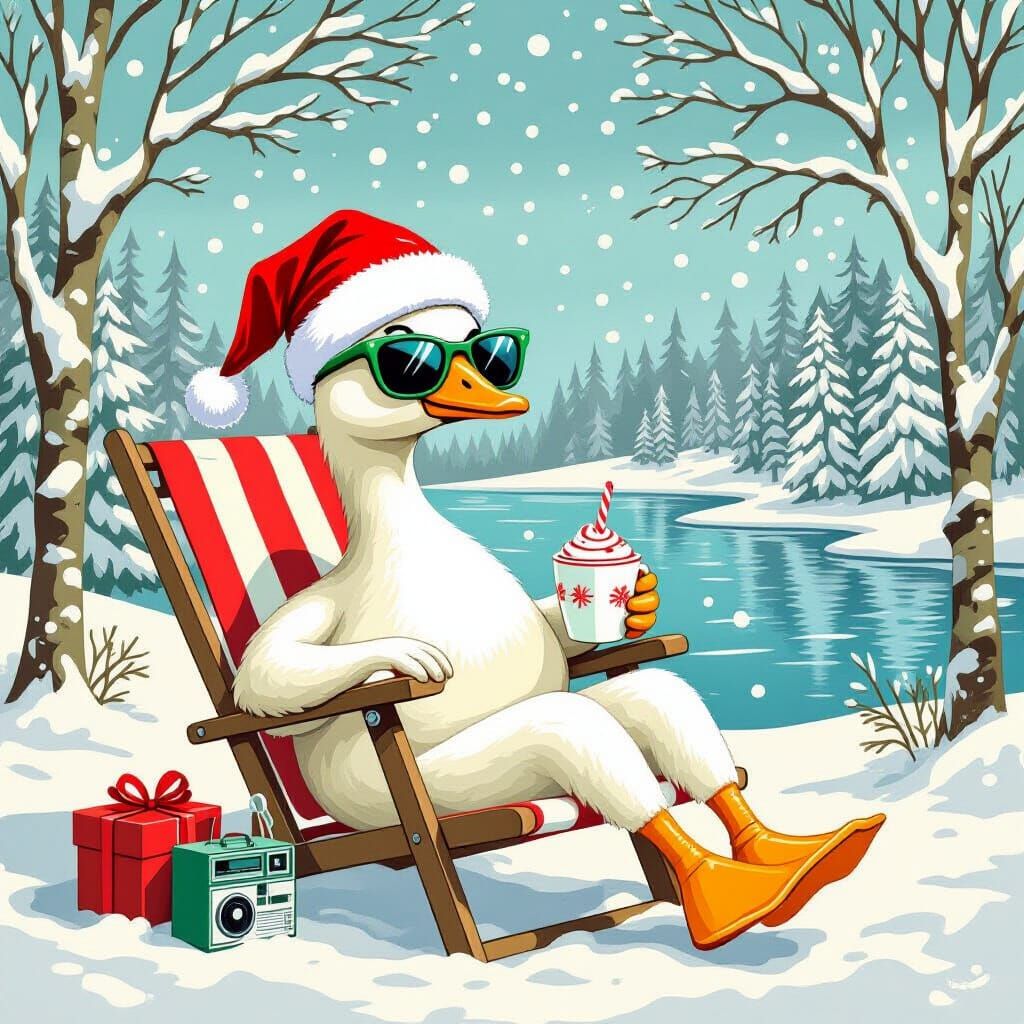 Retro Goose Lounging in Winter Forest, Vintage Card Style