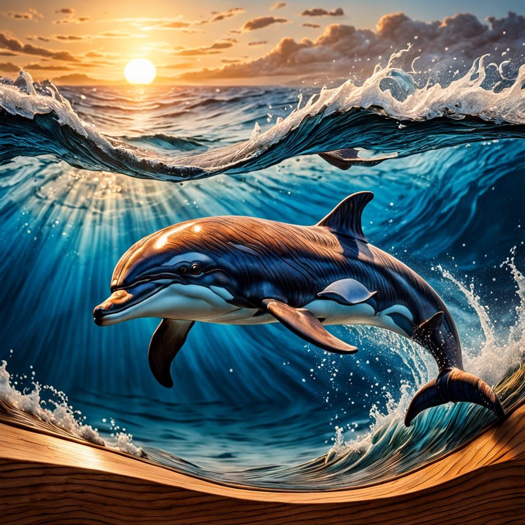Ocean Dolphin in Wood, Pyrographic 3D Sculpture