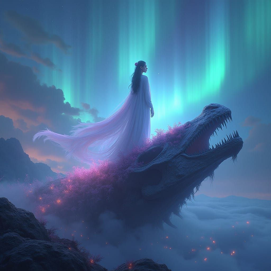 Ethereal Sorceress Amidst Iridescent Dragon's Skull in Dream...