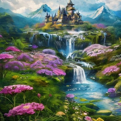 Dark Fantasy Castle Amidst Flower Meadow