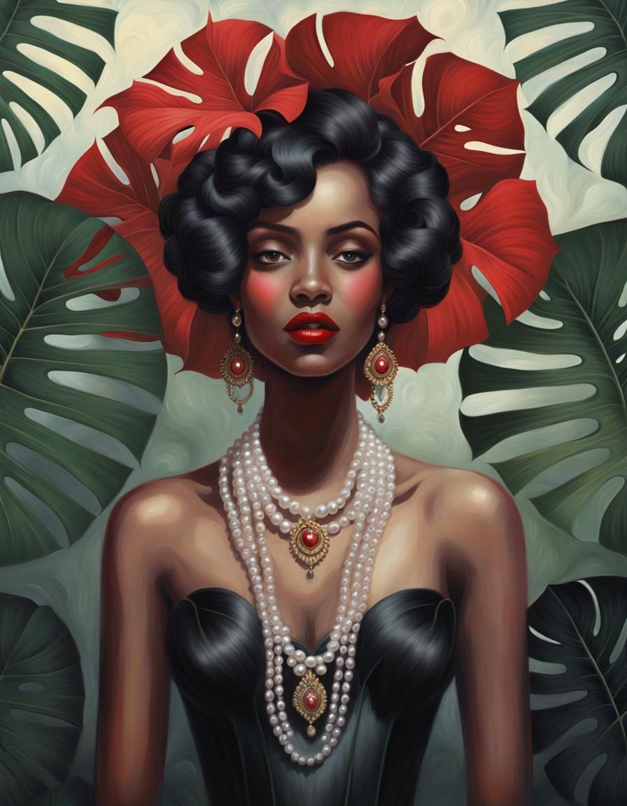 Fractal Elegance: Woman with Monstera and Pearls