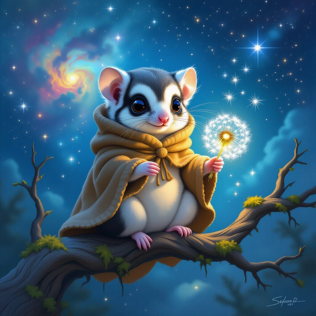 Sugar Glider with Dandelion Lantern in Starry Sky