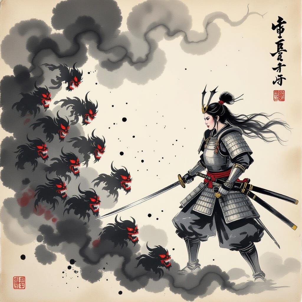 Female Samurai in Battle Stance, Sumi-e Ink Wash Painting