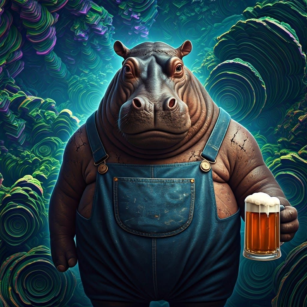 Whimsical Hippo Hybrid Creature in Faded Dungaree, Holding B...