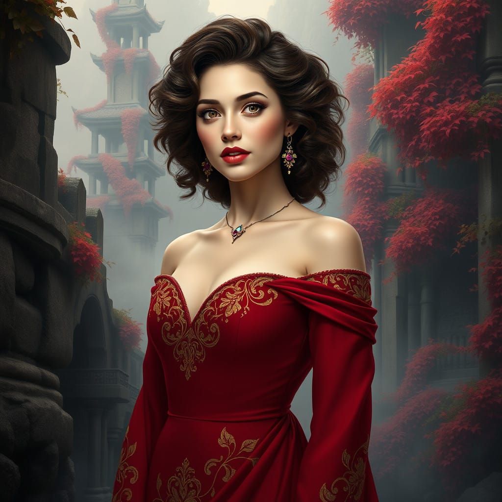 Mystical, Victorian-Era Goddess in Resplendent, Deep Crimson...
