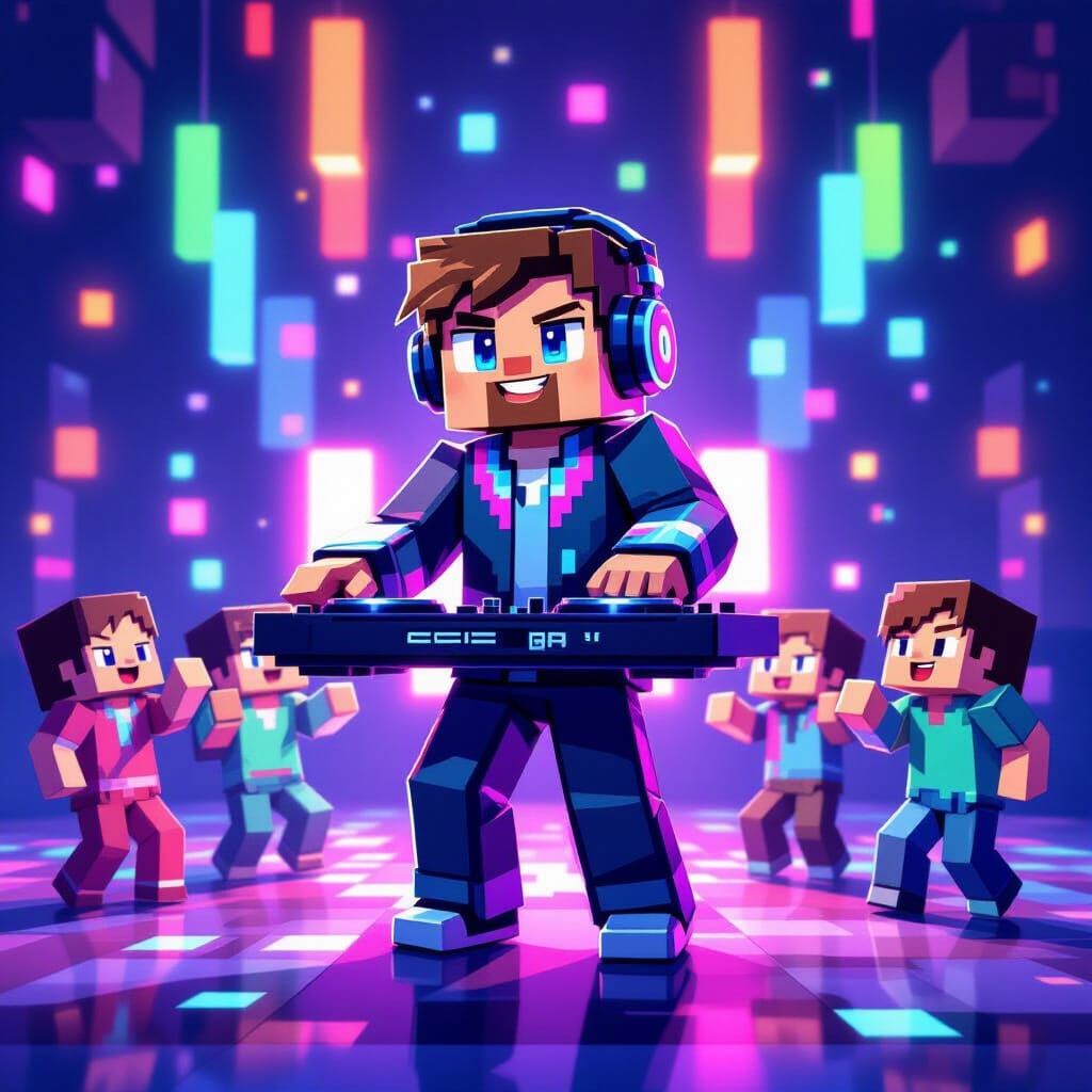 Minecraft Villager DJ Party in 8-bit Style