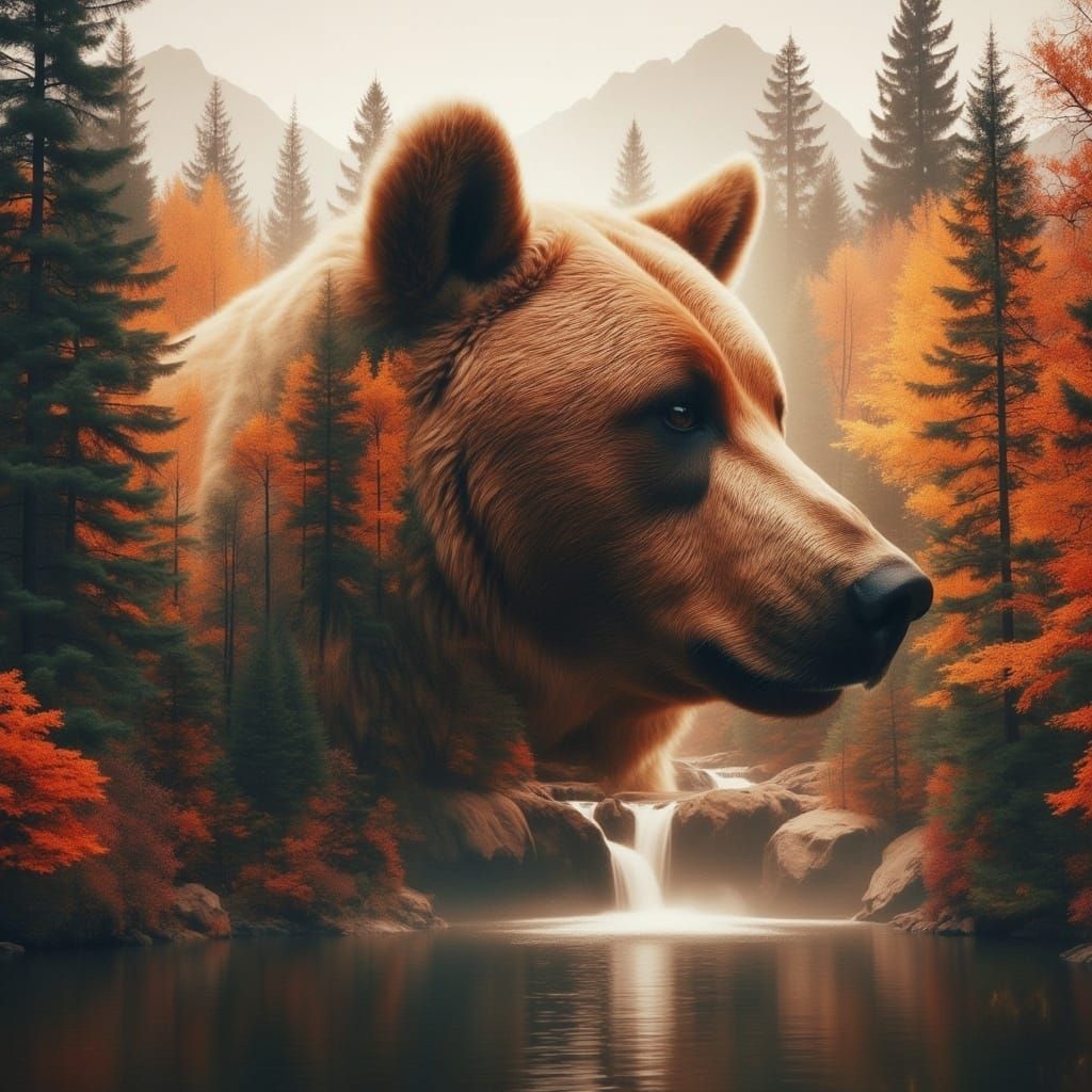 Double Exposure: Bear and Autumn Forest Landscape