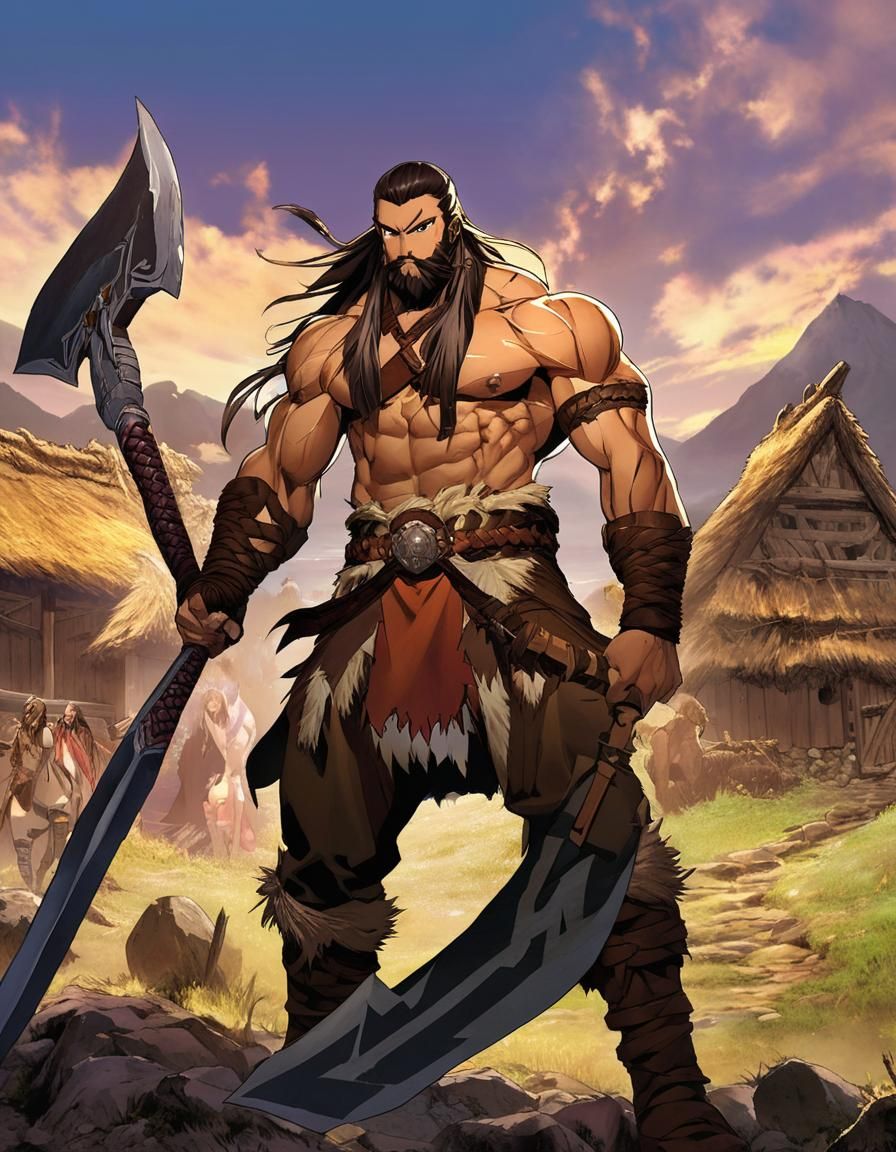 Goliath Barbarian in Destroyed Village, Manga Style
