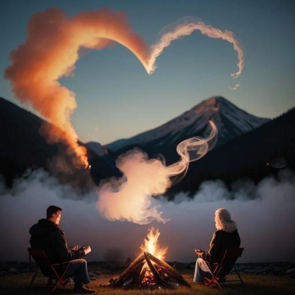 White Heart-shaped smoke rises from the campfire, a couple in love sits by the fire
Smoke heart. Professional photograph...