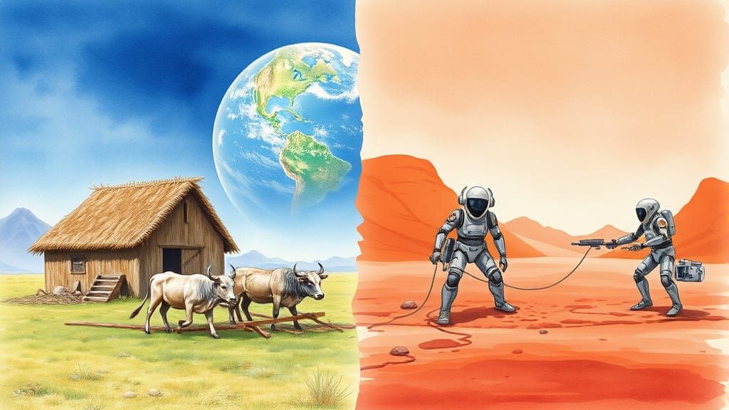 Alien Farm Contrasts Oxen Plow With Robots in Watercolor Sty...