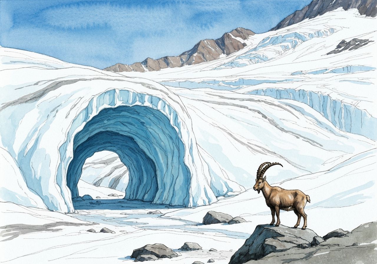 Ethereal Ice Cave in Alpine Glacial Landscape with Ibex