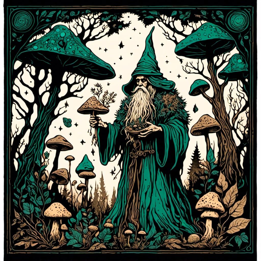 Forest Wizard Gathering Herbs in Pyrography Style