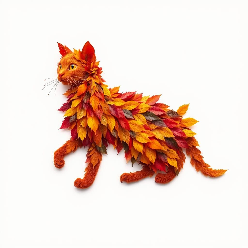 Autumn Leaf Cat in Matte Painting Style