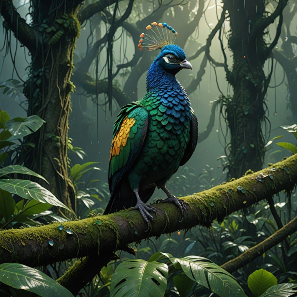 Majestic Rainforest Bird in Iridescent Plumage Perches on Em...