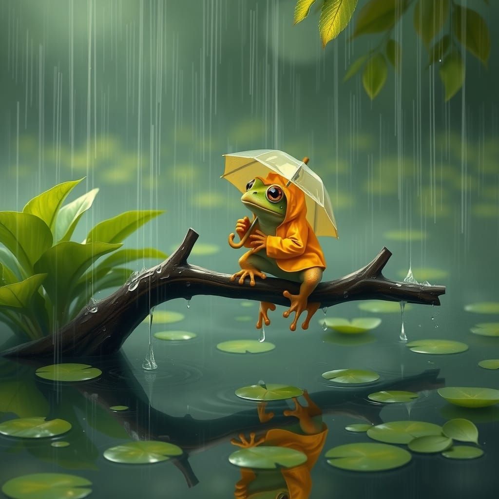 Frog in Raincoat in Impressionist Pond Scene