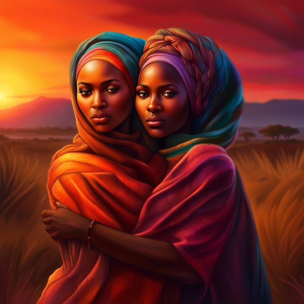 African Women in Hijabs Hugging at Sunset