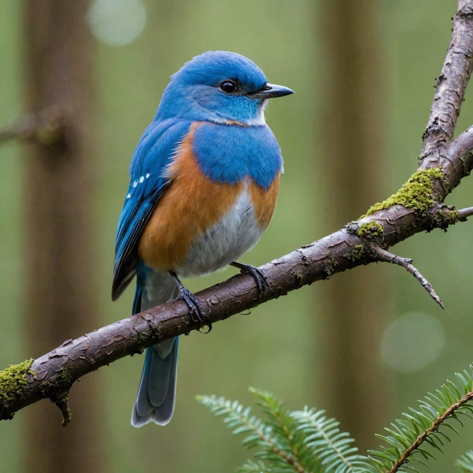 Adorable Blue Bird on Forest Branch