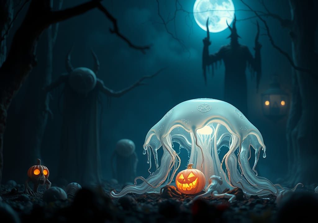 Eerie Halloween Scene with Jelly-Like Substance