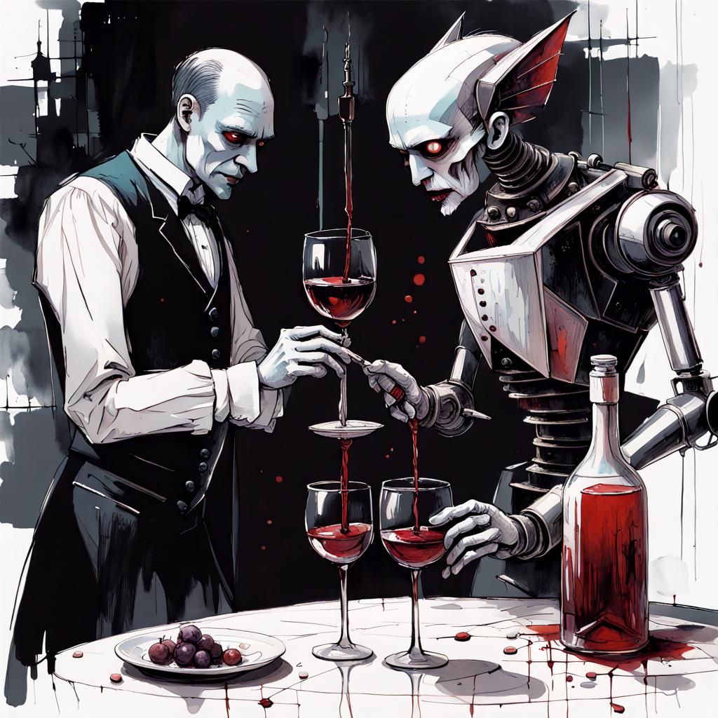Robot Butler Serves Wine to Vampire in Dark Fantasy