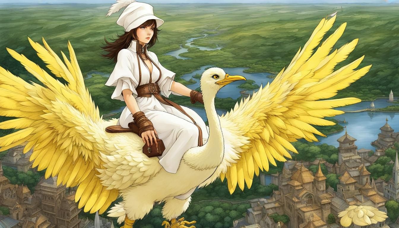 White Mage on Chocobo in Anime Style
