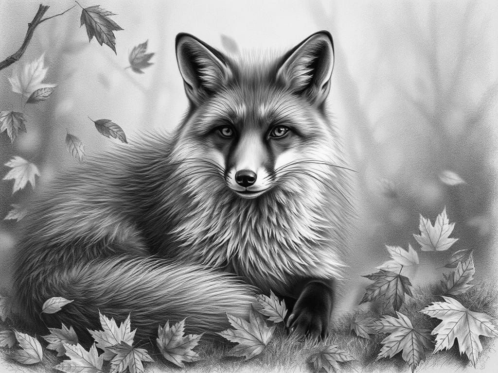 Majestic Red Fox in Autumn Scene, Detailed Charcoal Renderin...