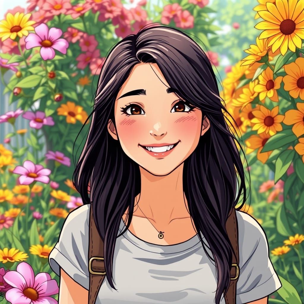 Joyful Woman Amidst Flowers in Hayao Miyazaki Style