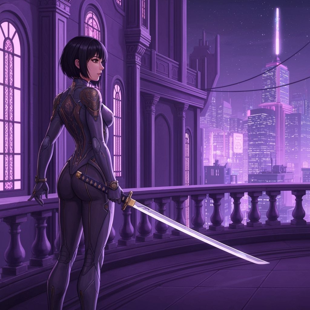 Cyberpunk Woman on Palace Balcony with Neon Cityscape