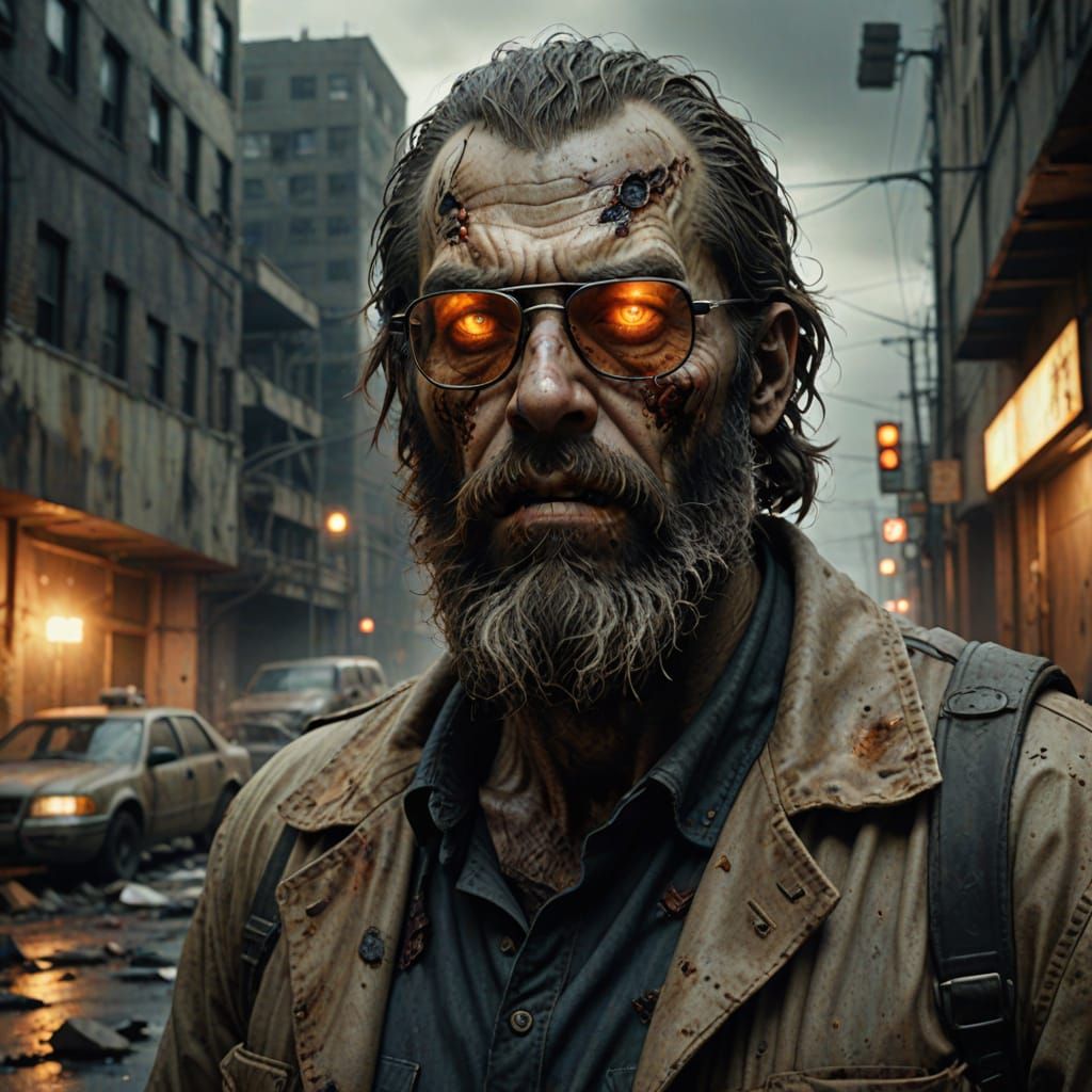 Large bearded zombie in glasses