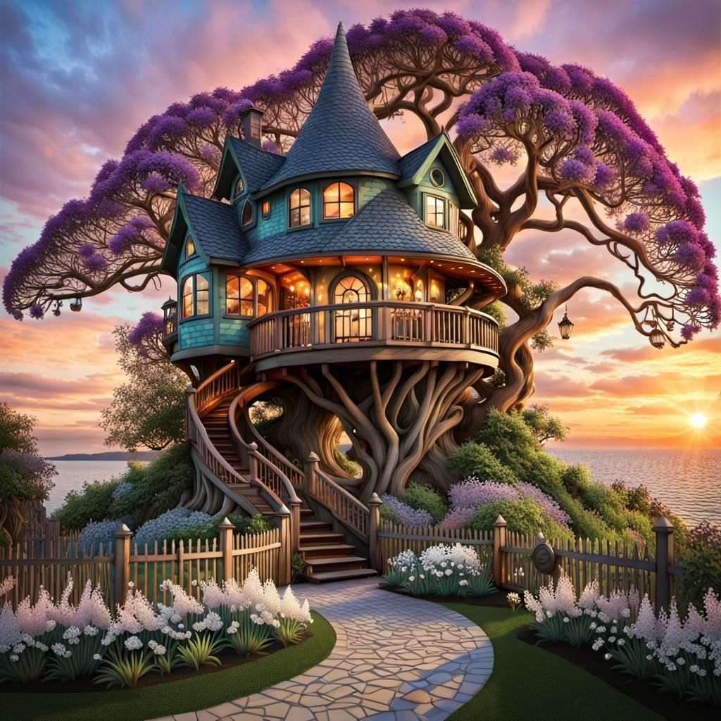 Magical Sunset Treehouse Home with Gardens, Fairytale Art