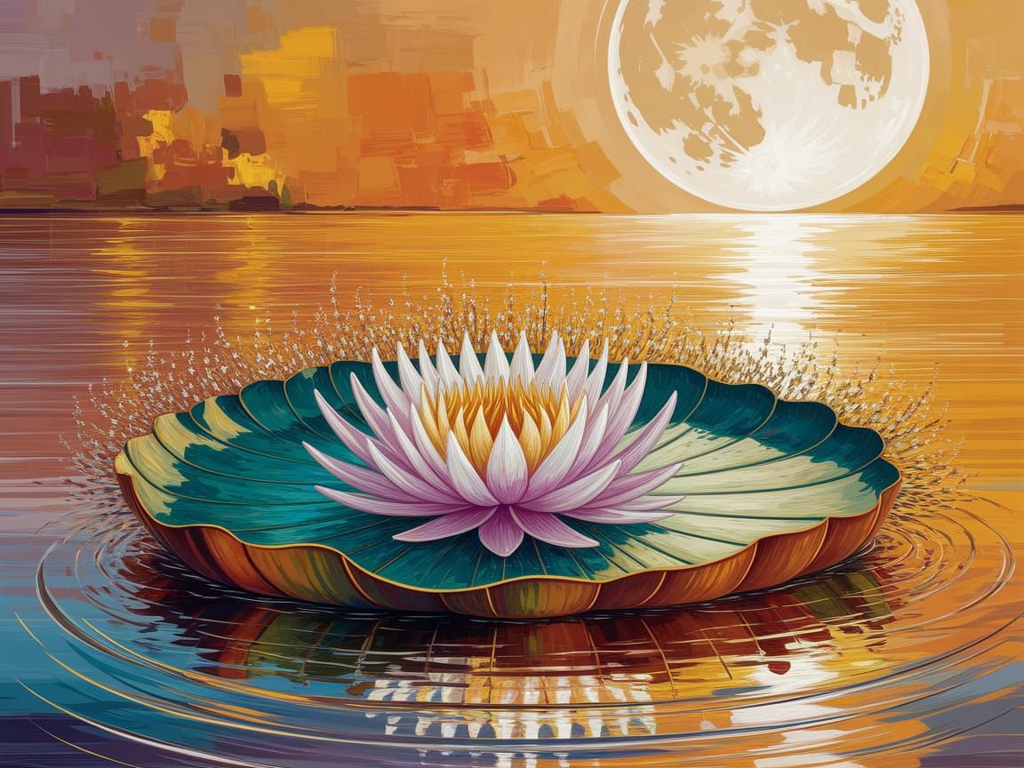 Lily Pad on Autumnal Lake in Impressionist Style