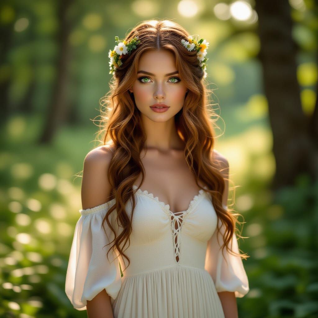 Enchanting Woman with Wildflowers in Forest Clearing