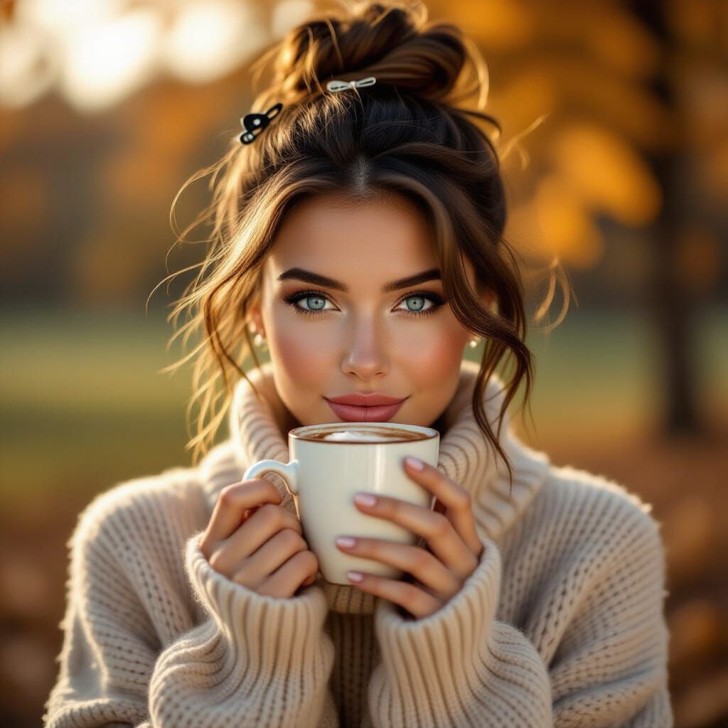 Brunette Woman with Hot Chocolate in Autumn Light