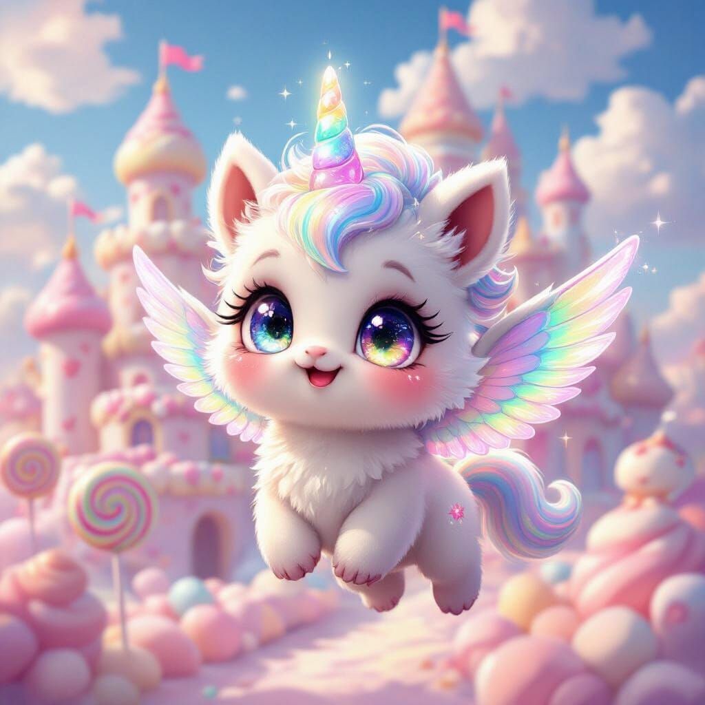 Cute Creature Flies Past Candy Castle in Anime Style