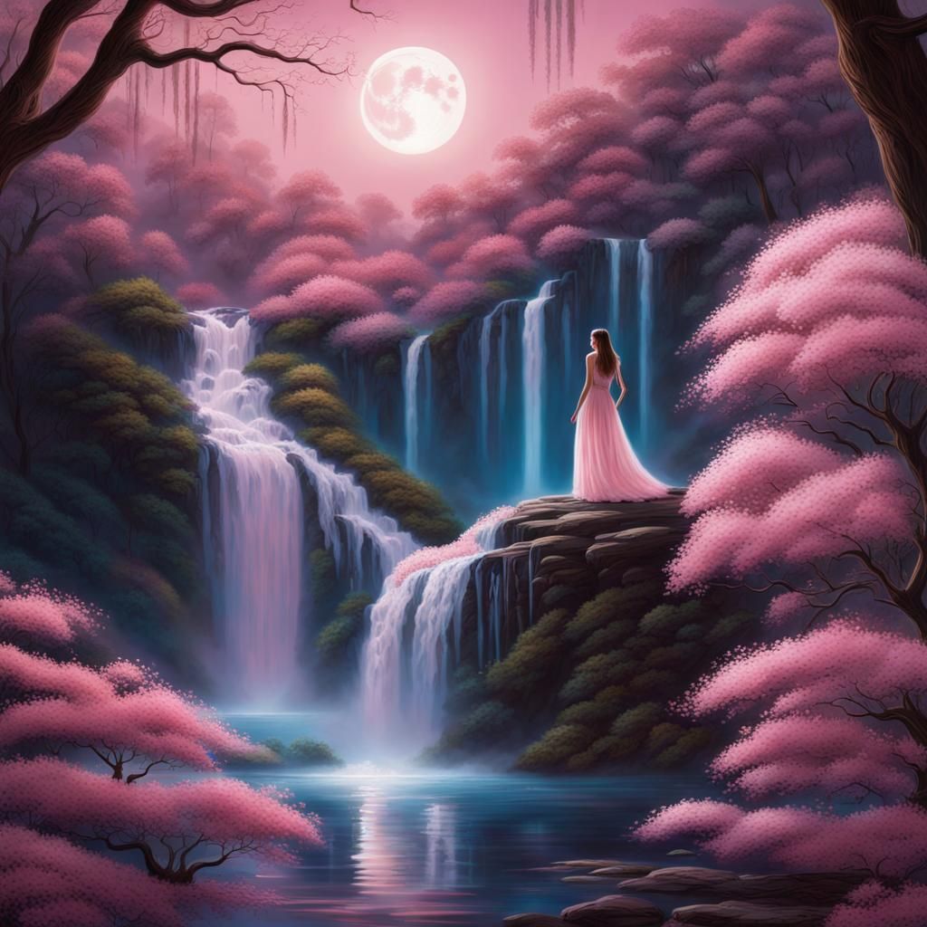 Glowing Waterfall with Woman in Moonlight